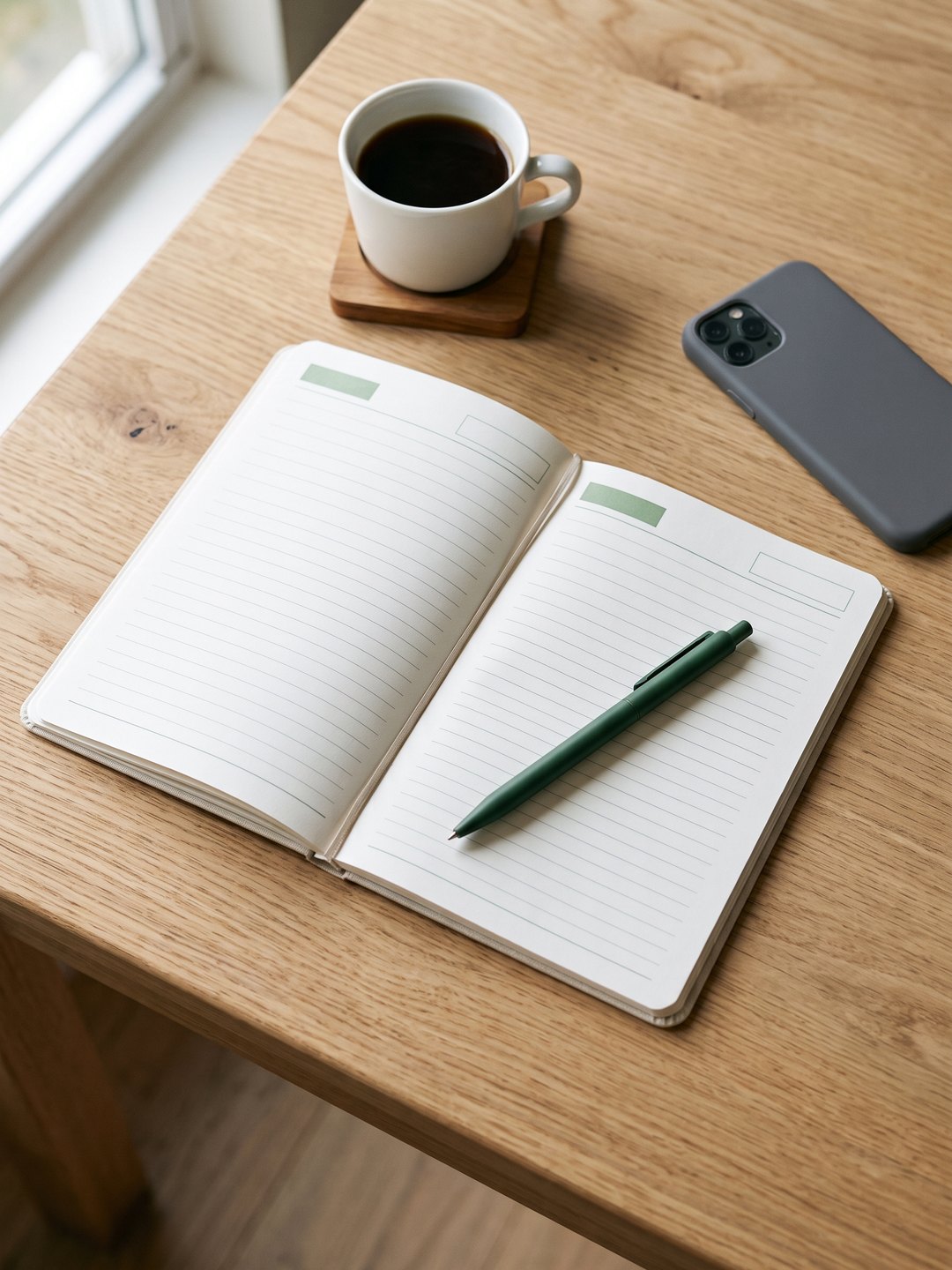 Caderno do Método 30 Dias aberto sobre uma mesa de madeira, com caneta verde e celular ao lado