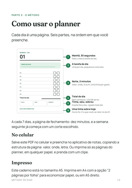 Página Como usar o planner, com o mapa da página
