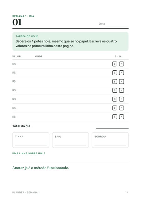 Página do dia 1 do planner